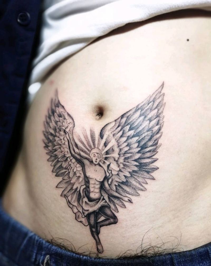 天使纹身图片_腹部新传统点刺天使纹身图案