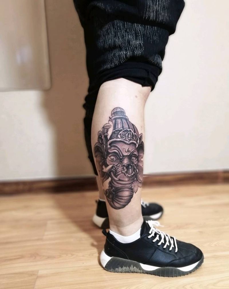 象神纹身图片_腿部新传统象神纹身图案