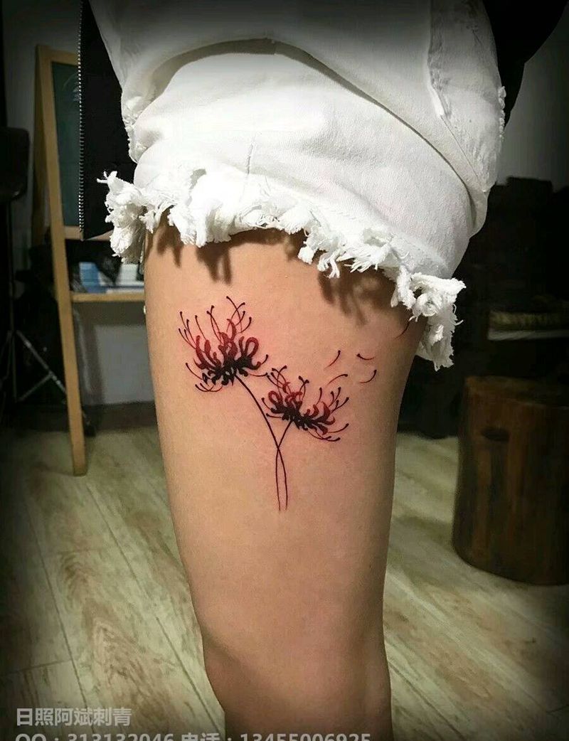 彼岸花纹身图片_腿部传统清新植物成品纹身图案