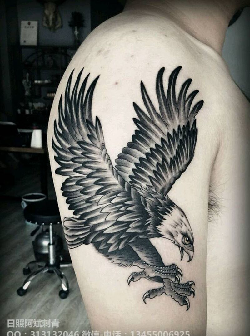 鹰纹身图片_肩部手臂传统写实动物成品纹身图案