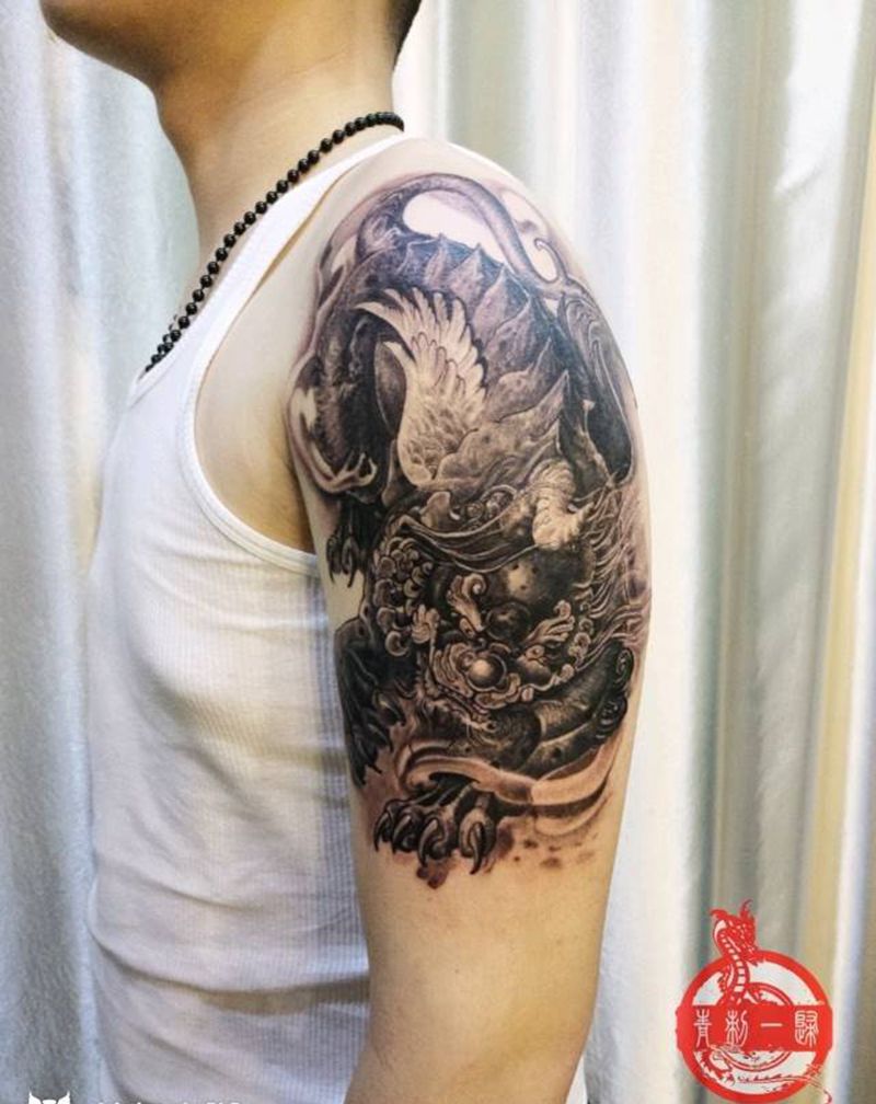 貔貅纹身图片_手臂传统成品纹身图案