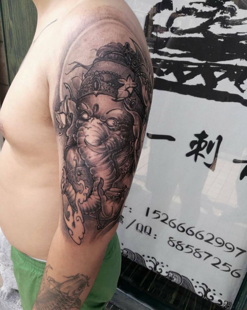 大臂象神.纹身图片_象神肩部传统纹身图案