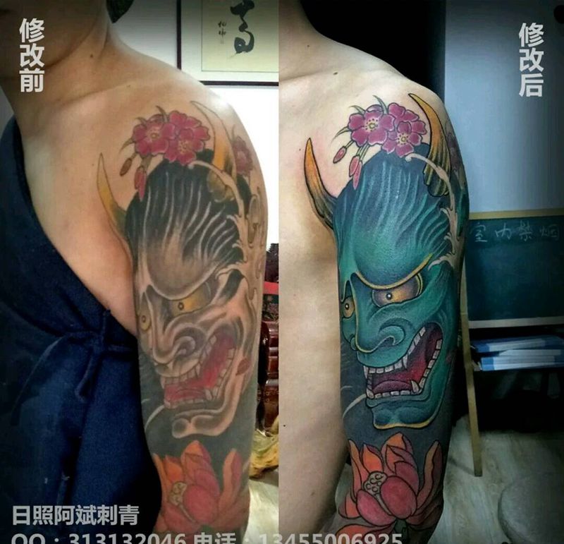 般若修改纹身图片_肩部手臂传统鬼神纹身图案