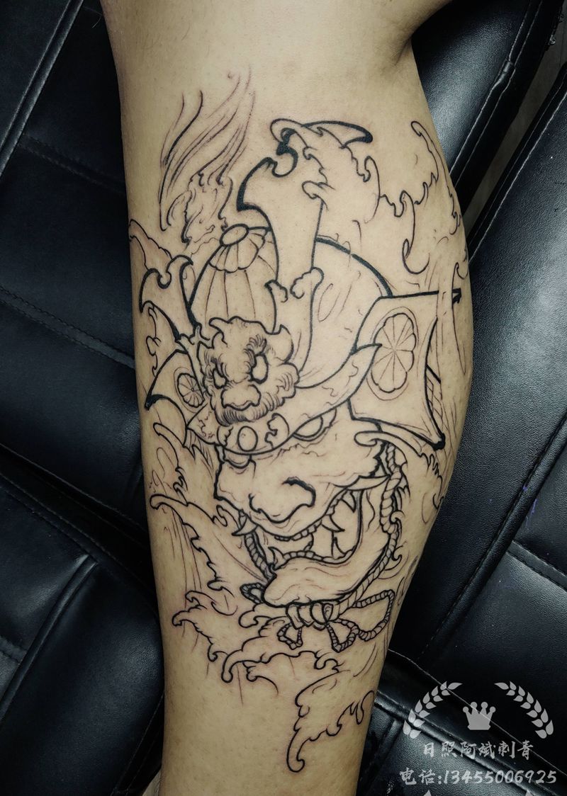 鬼武士纹身图片_腿部新传统纹身图案