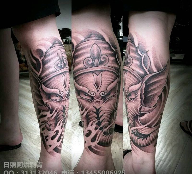 象神纹身图片_腿部传统人物鬼神宗教成品纹身图案