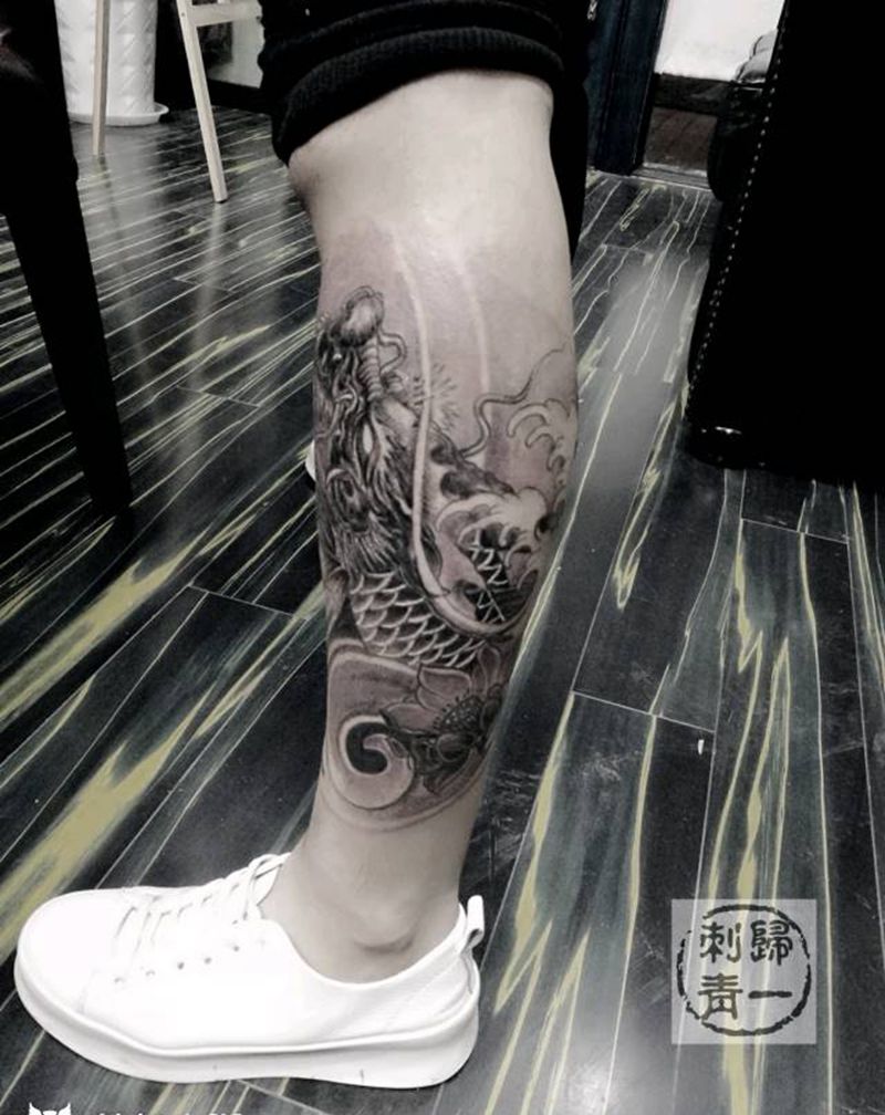 鳌鱼纹身图片_腿部传统成品纹身图案