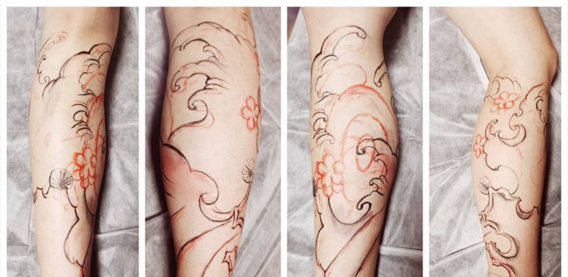 樱花 浪花纹身图片_腿部新传统纹身图案