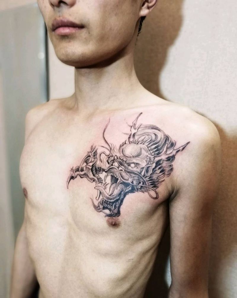 龙头纹身图片_胸部新传统龙纹身图案