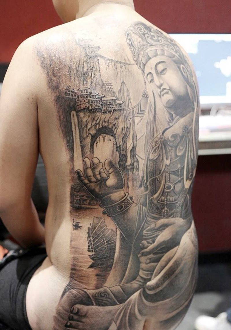 菩萨纹身图片_传统背部成品人物宗教鬼神纹身图案
