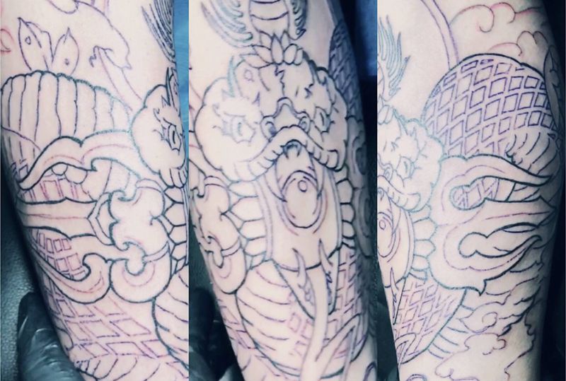 蛇神降魔杵线条纹身图片_腿部纹身图案