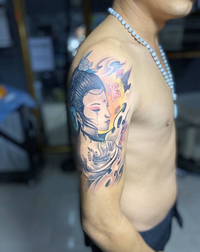 落泪艺妓纹身图片_手臂纹身图案