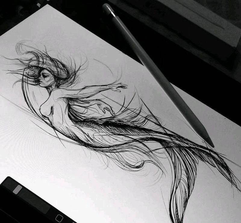 线头人鱼纹身图片_手臂几何点刺纹身图案