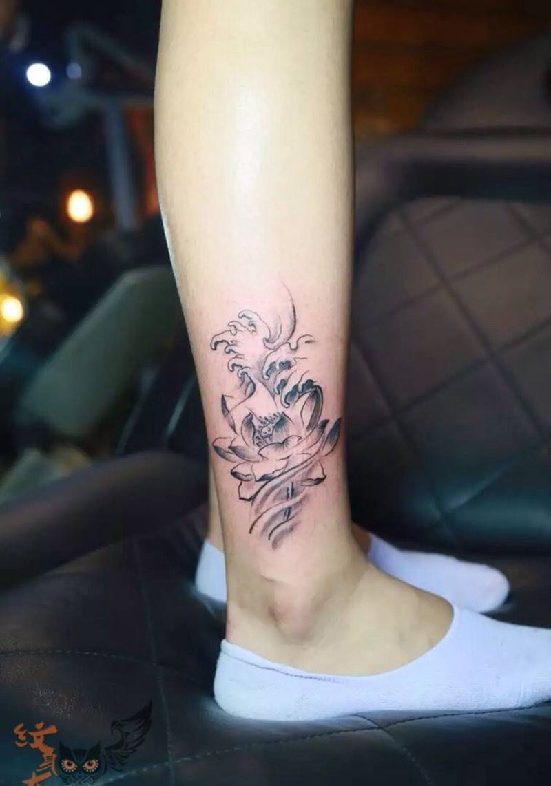 莲纹身图片_成品腿部清新传统几何静物植物纹身图案