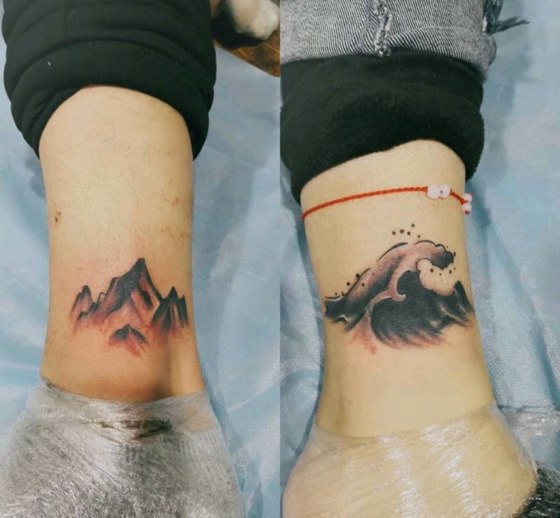 山水纹身图片_腿部新传统纹身图案