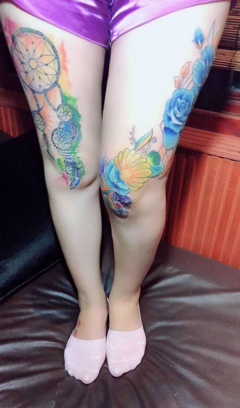 大腿疤痕遮盖纹身图片_成品腿部欧美传统植物宗教纹身图案