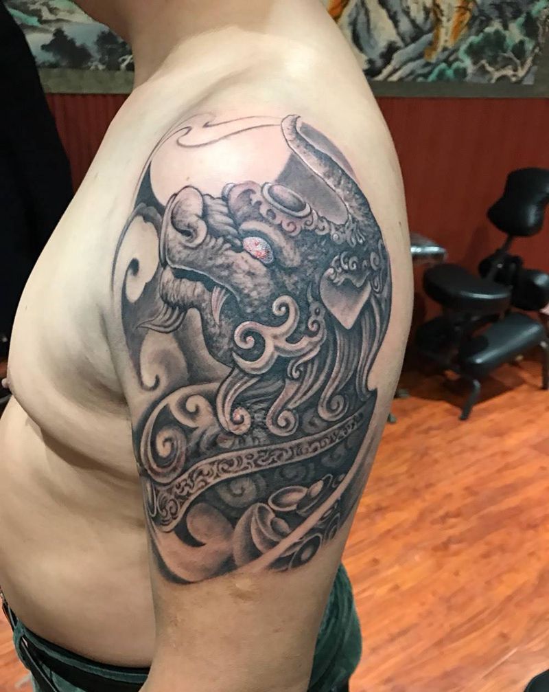 烈火貔貅纹身图片_成品手臂传统动物宗教烈火风格纹身图案