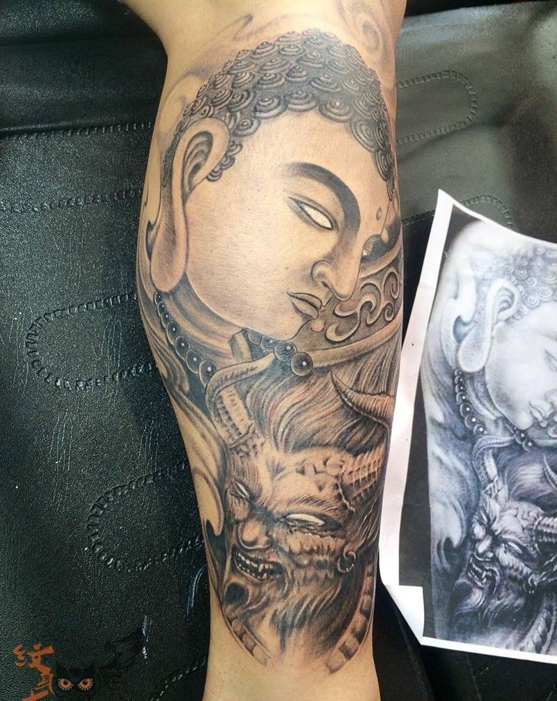小腿单侧魔与佛纹身图片_传统腿部成品宗教人物鬼神纹身图案