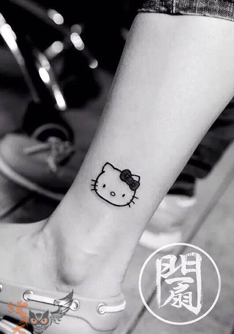 hello kitty纹身图片_成品腿部清新几何动物字符纹身图案