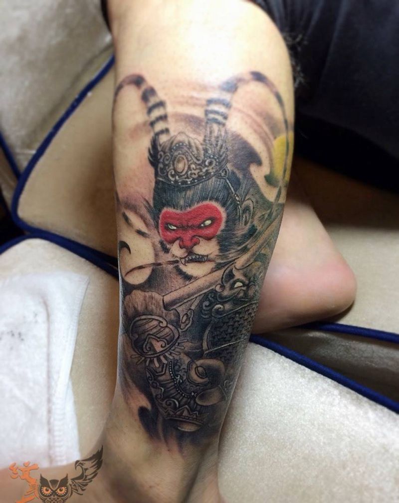 斗战胜佛纹身图片_腿部成品传统人物鬼神宗教烈火风格纹身图案