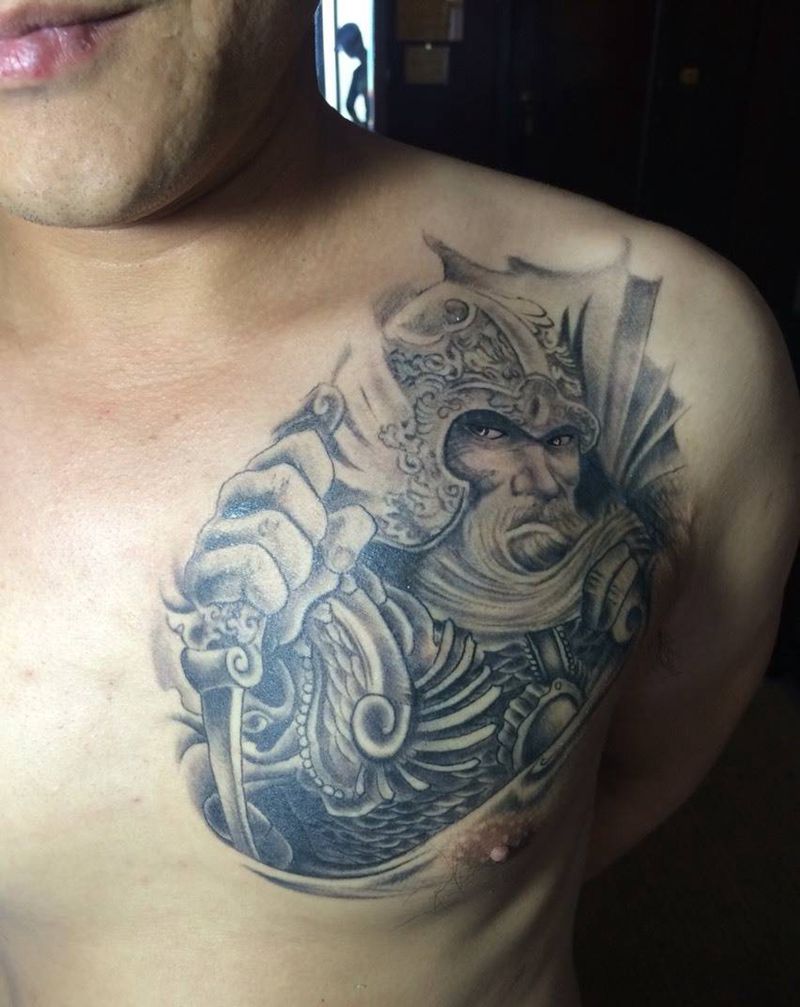 刀马武将纹身图片_胸部成品传统人物宗教鬼神烈火风格纹身图案