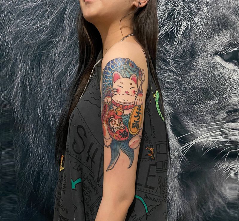 招财猫纹身图片_手臂纹身图案