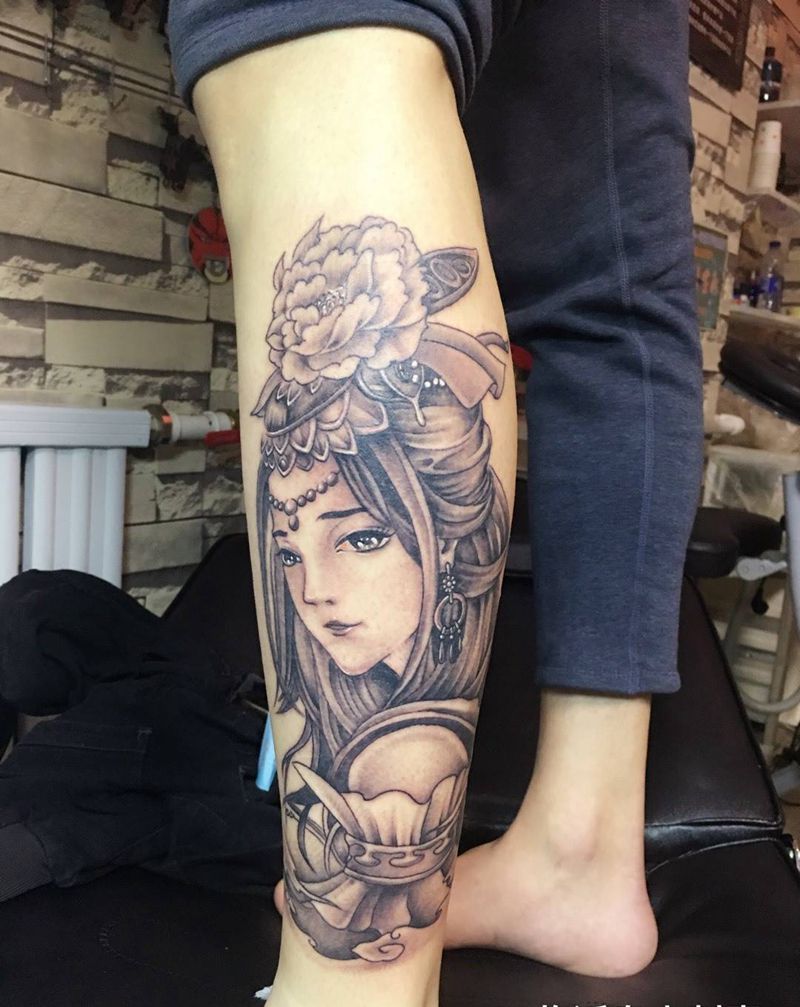 小腿艺姬纹身图片