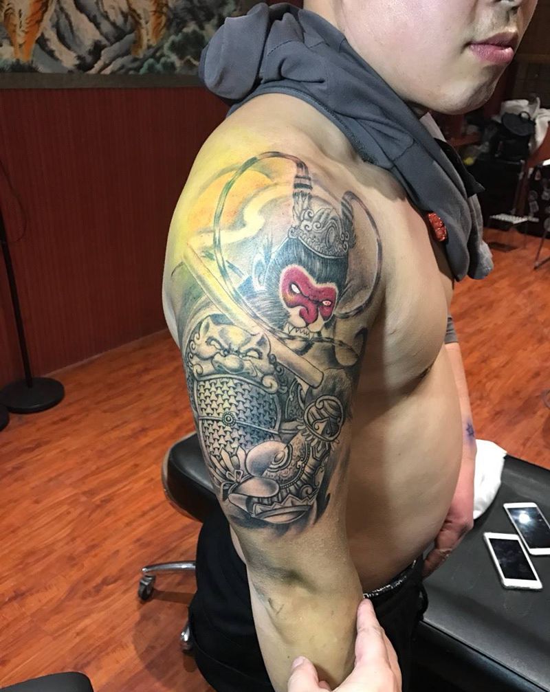 斗战圣佛纹身图片_成品手臂传统鬼神宗教烈火风格纹身图案