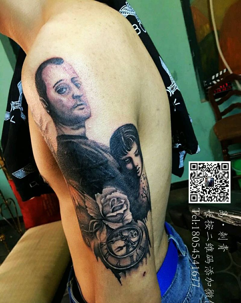 杀手有点冷纹身图片_手臂传统清新写实人物植物情侣原创成品手稿纹身图案