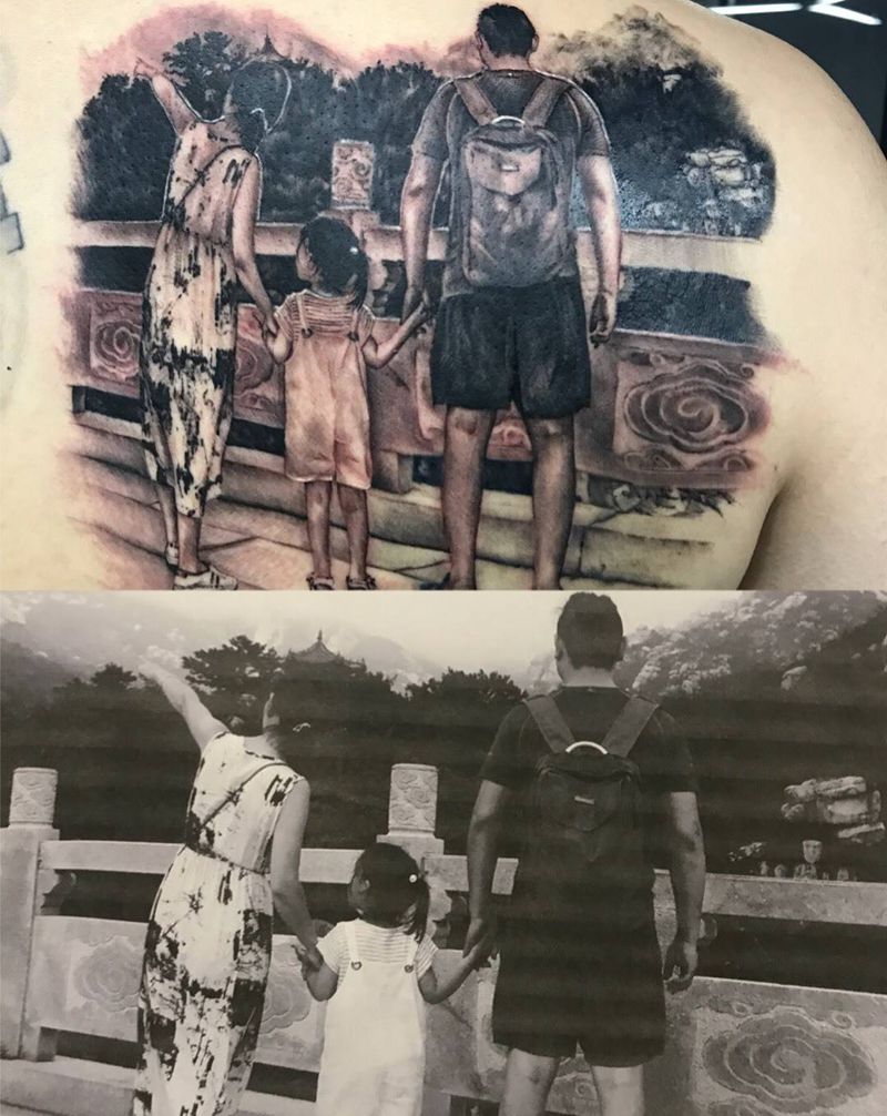 全家福纹身图片_背部欧美写实纹身图案