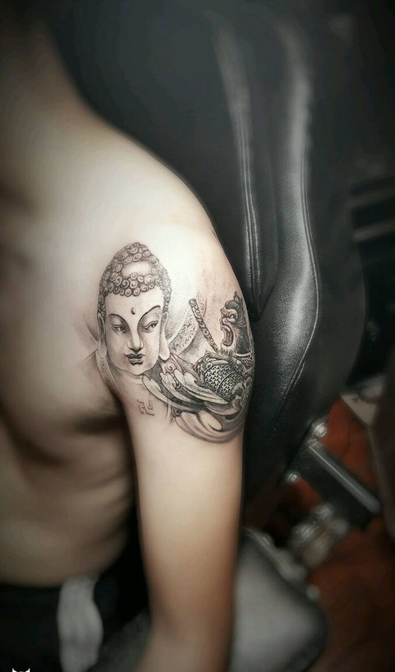 覆盖作品纹身图片_手臂传统写实鬼神宗教原创烈火风格烈火堂成品纹身图案