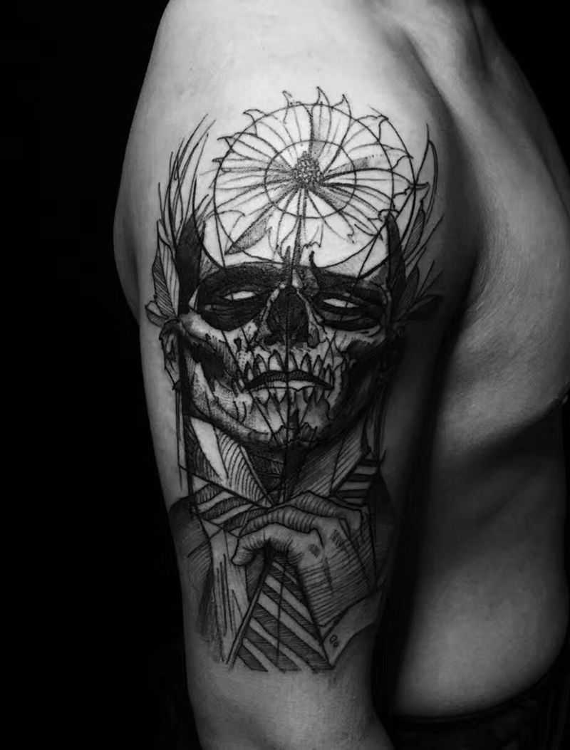欧美骷髅先生纹身图片_成品手臂欧美鬼神几何纹身图案