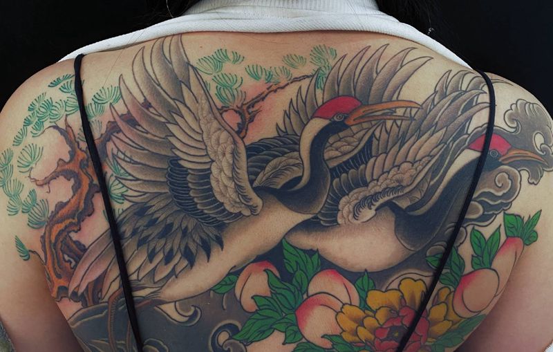 松鹤延年纹身图片_背部纹身图案