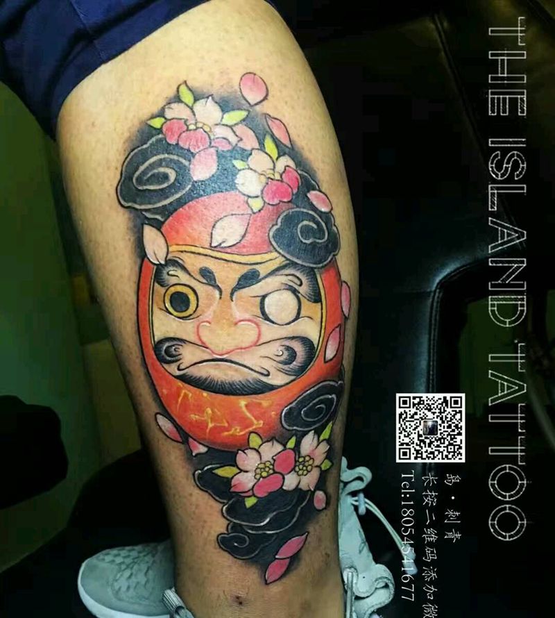 小腿达摩娃娃纹身图片_腿部传统写实人物鬼神宗教成品纹身图案