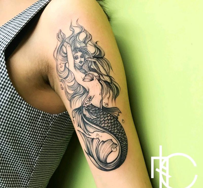 人鱼纹身图片_手臂New School点刺纹身图案