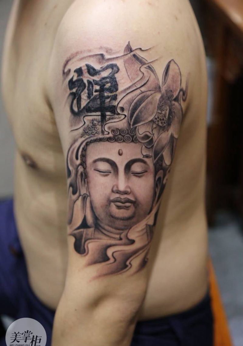 遮盖大臂纹身图片_传统人物宗教手臂纹身图案