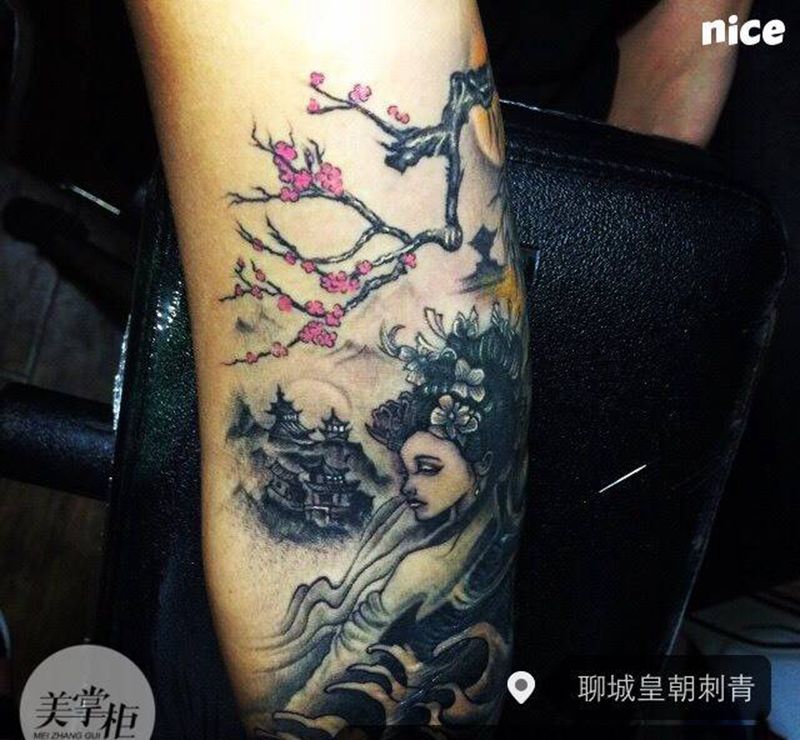 遮盖疤痕纹身图片_传统人物植物手臂纹身图案