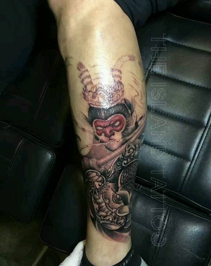 齐天大圣未完成……纹身图片_腿部传统写实动物鬼神宗教成品纹身图案