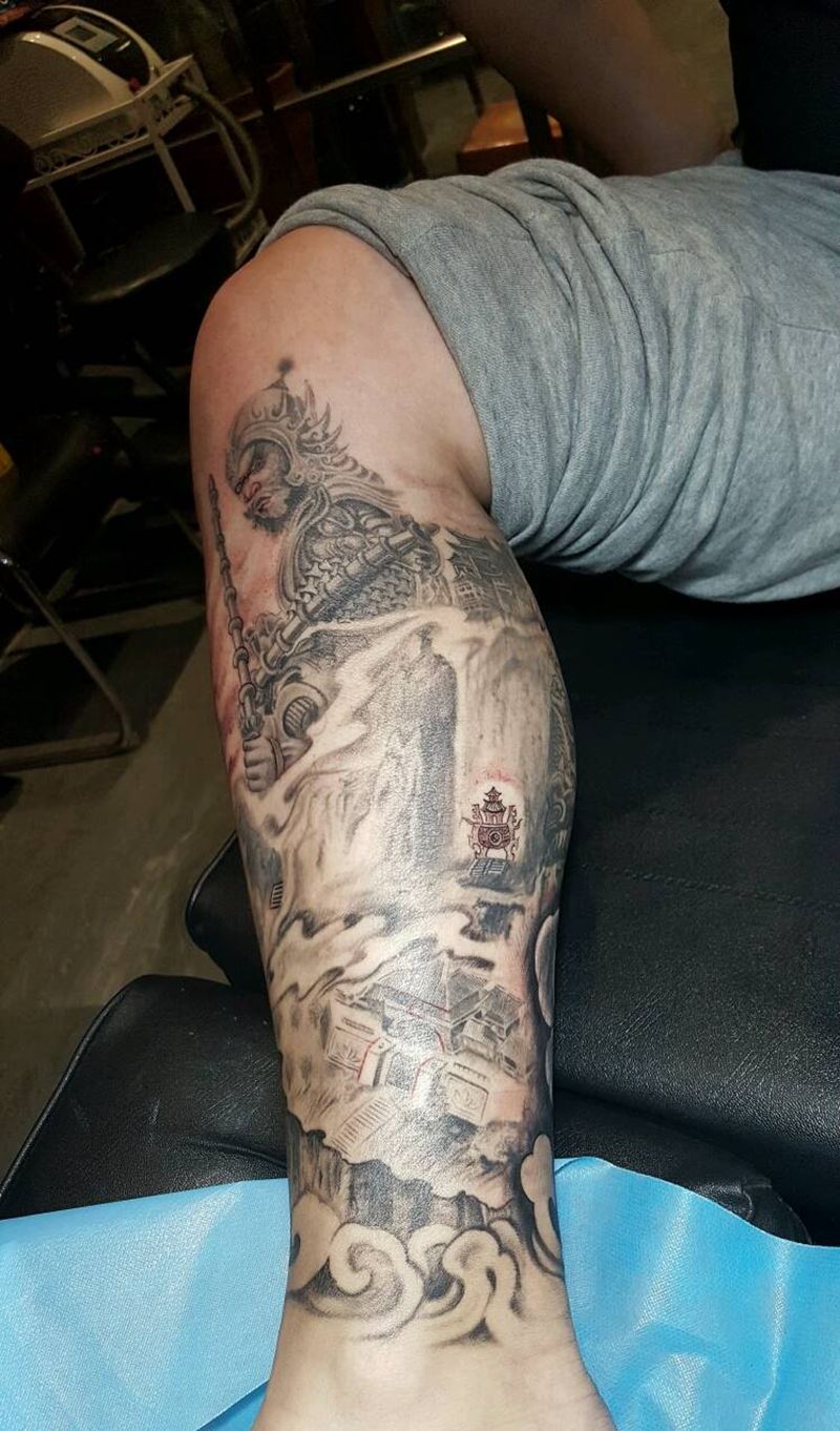 烈火风格包小腿纹身图片_腿部传统人物植物聊城烈火风格烈火堂成品纹身图案