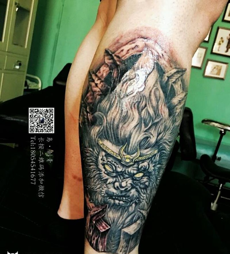 美猴王纹身图片_腿部传统写实动物鬼神原创成品手稿纹身图案