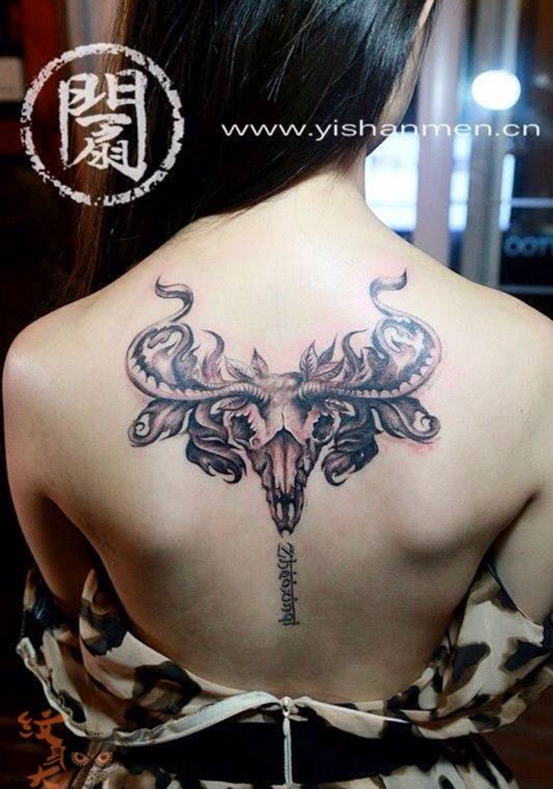 羊骷髅纹身纹身图片_成品背部欧美传统清新几何字符动物宗教鬼神纹身图案