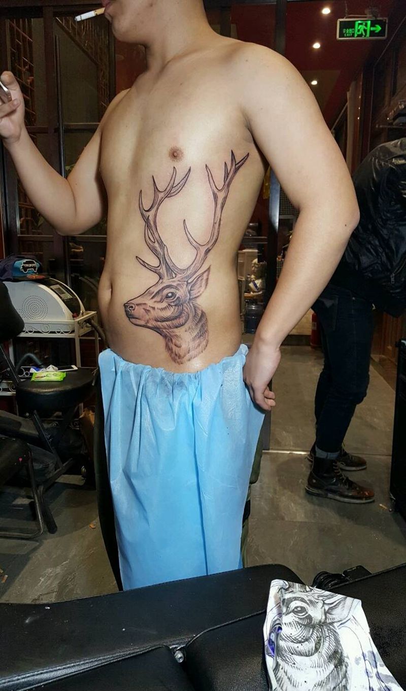 鹿头纹身图片_腹部欧美动物聊城烈火堂成品纹身图案