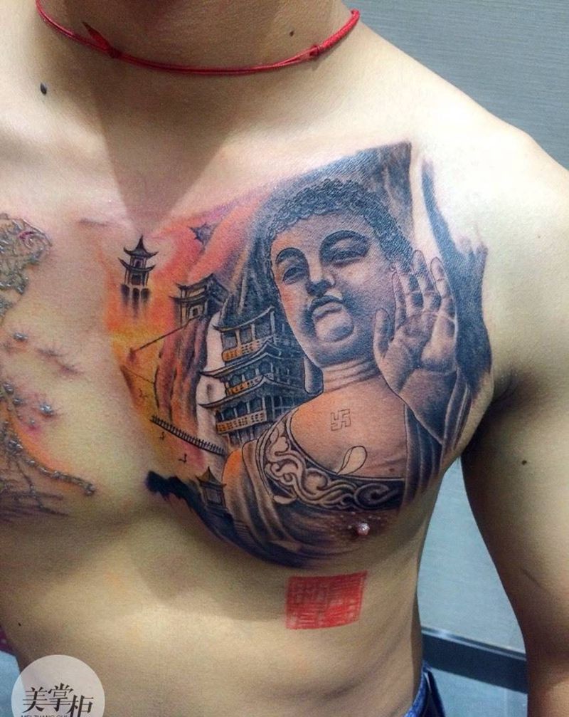 等待衔接花胸纹身图片_胸部成品传统人物鬼神宗教烈火风格纹身图案