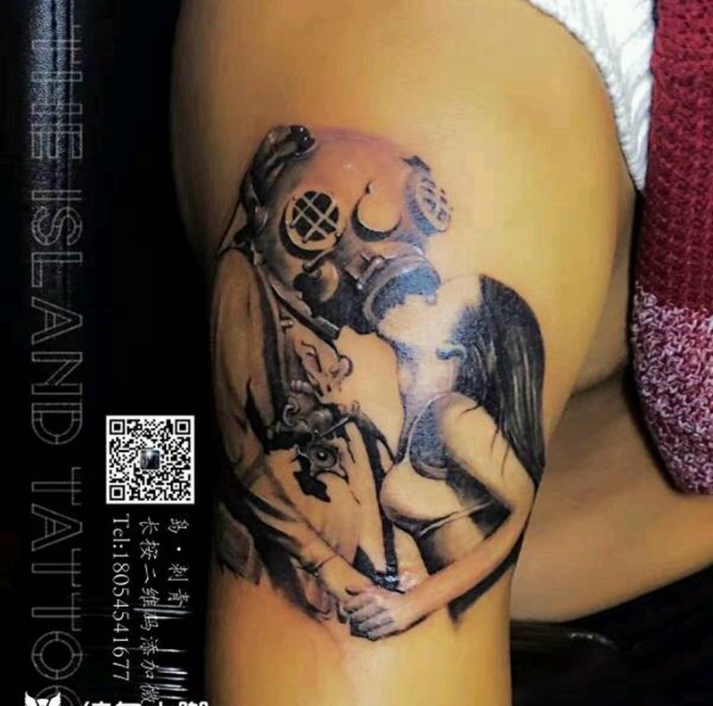 潜水员纹身图片_手臂欧美写实人物成品纹身图案