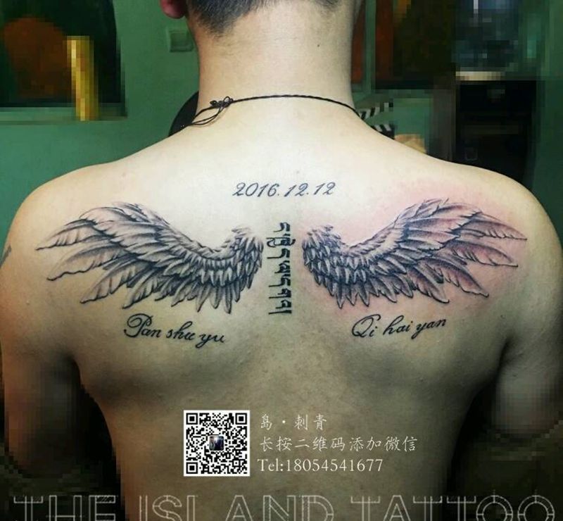 守护纹身图片_背部欧美传统写实宗教情侣原创成品纹身图案