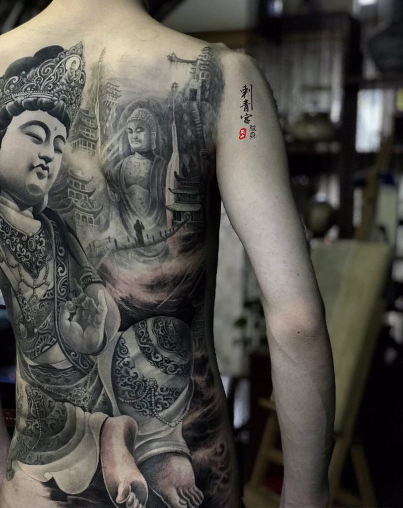 普贤菩啥纹身图片_背部新传统纹身图案
