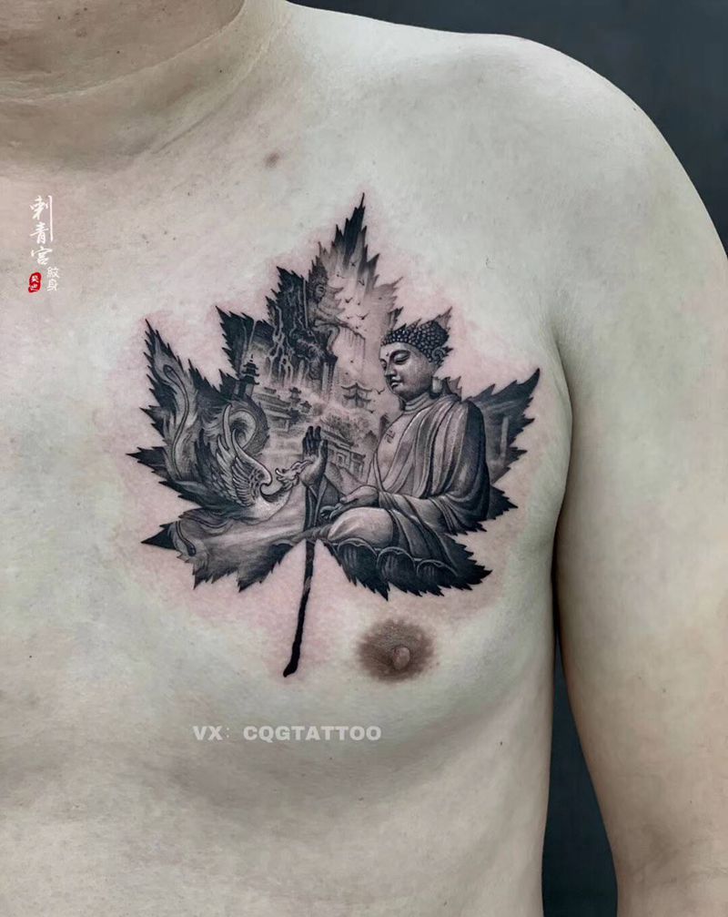 一片叶子纹身图片_胸部纹身图案