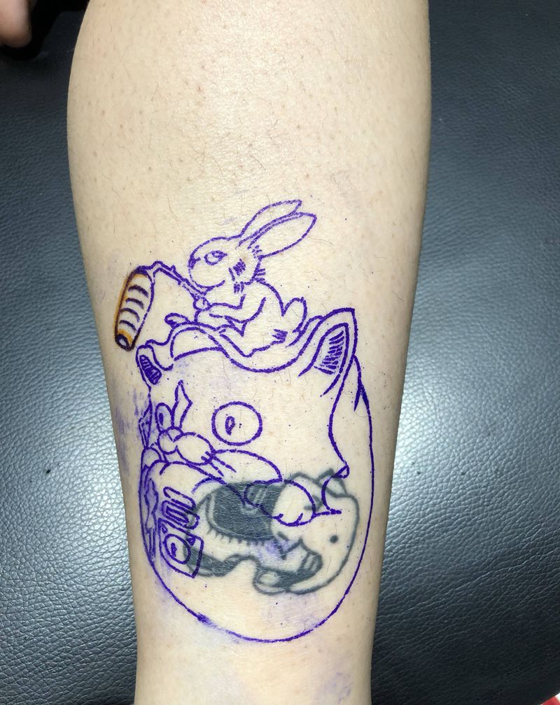 遮盖纹身图片_腿部新传统水彩达摩蛋 猫纹身图案