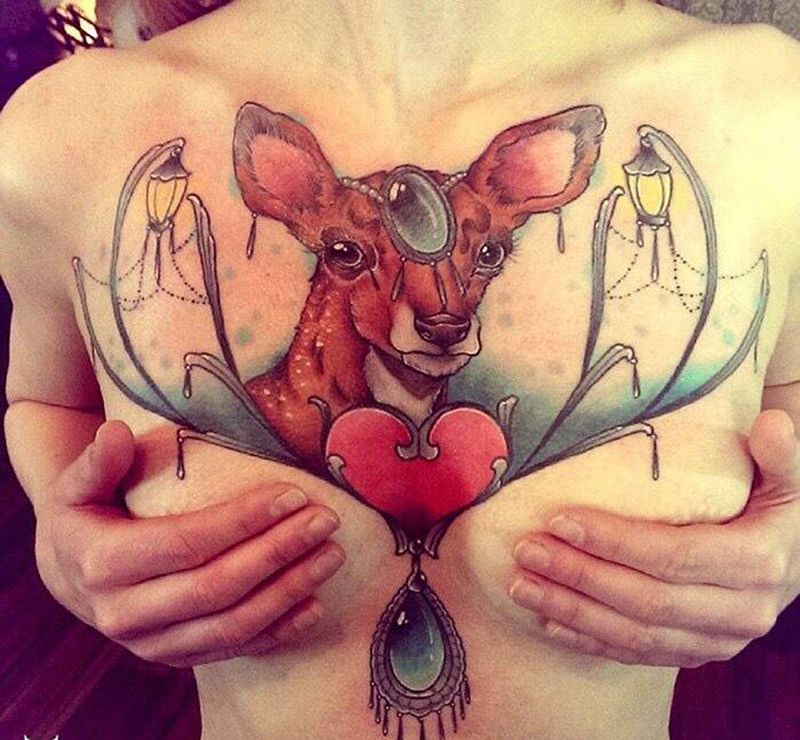 大V胸纹身图案分享纹身图片_成品胸部欧美动物人物纹身图案