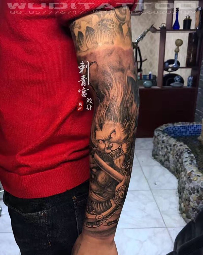 悟空归来纹身图片_成品手臂传统写实人物原创纹身图案