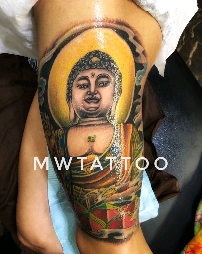 大日如来纹身图片_腿部新传统纹身图案